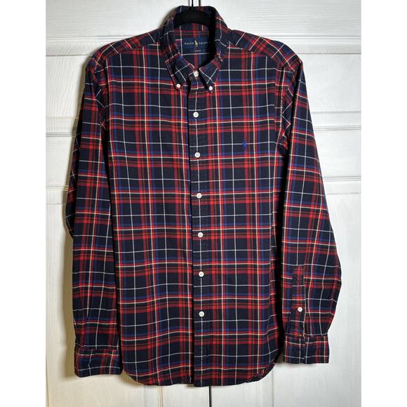 Ralph Lauren Shirt Men’s Large Red Blue Plaid Slim Fit Long Sleeve Casual - Picture 1 of 9